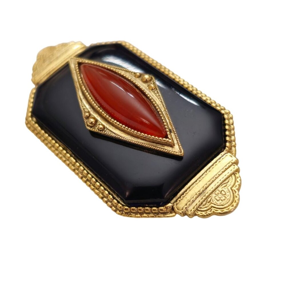 1928 Brand Art Deco Style Oval Cornelian Glass Bar Brooch Black Lucite Pin C867 - Picture 3 of 9